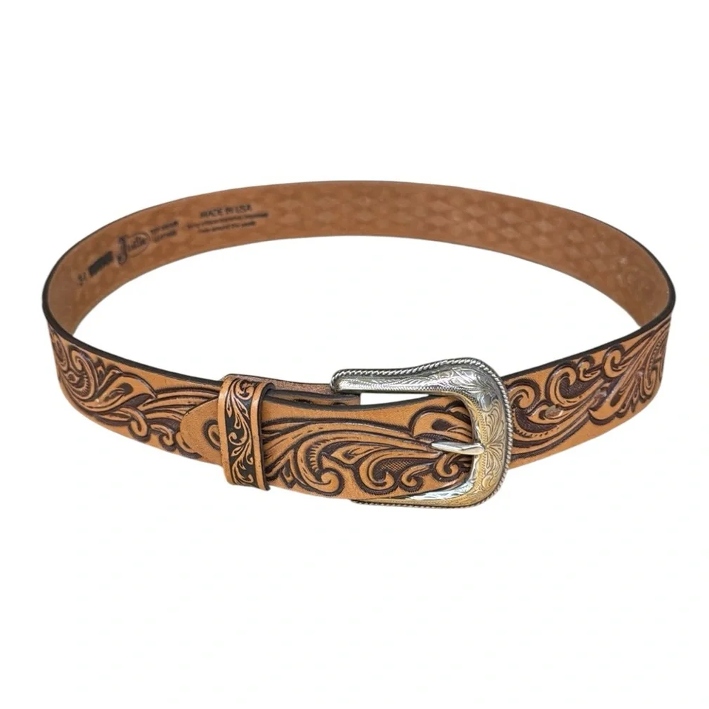 NWT Justin Western Scroll Tooled Brown Leather w/Silver Buckle #BR5029 Mens 34